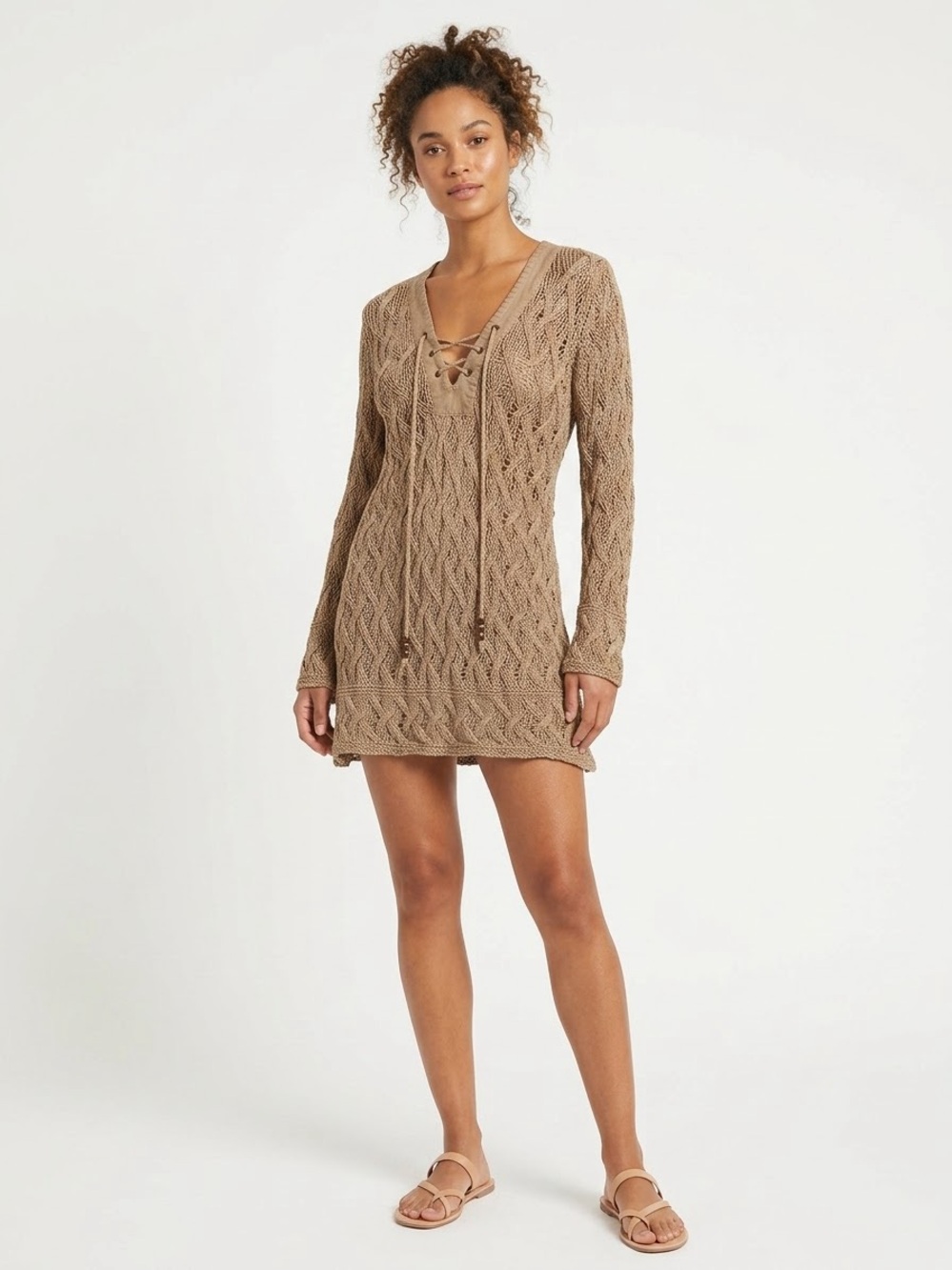 Tommy Bahama Women Linen Blend Chunky Cable Knit Lace Up Tunic Sweater Taupe